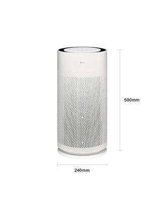 The white LG AeroHit 360 air purifier with dimensions: 500mm in height, 240mm in width, and 240mm in depth.