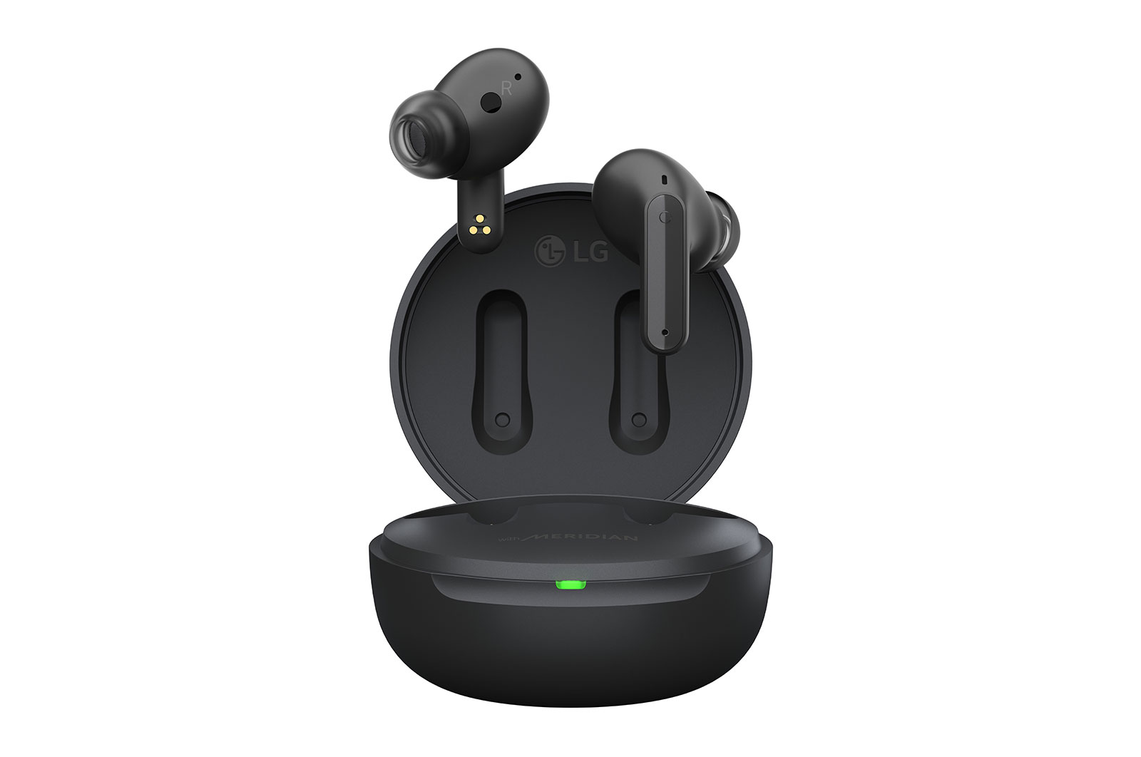 Image with earbuds floating over a closed cradle.