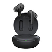 Image with earbuds floating over a closed cradle.