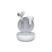 Image with earbuds floating over a closed cradle.