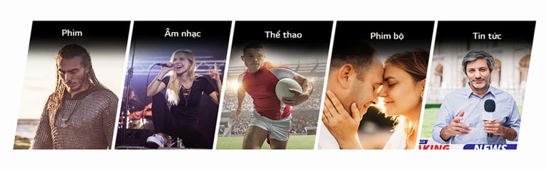 Năm hình ảnh từ trái sang phải về một người đàn ông mặc áo giáp bằng vòng xích xâu, một người phụ nữ hát vào micrô, một cầu thủ bóng bầu dục, một cặp đôi chụm đầu vào nhau và một người đàn ông đang đọc bản tin.