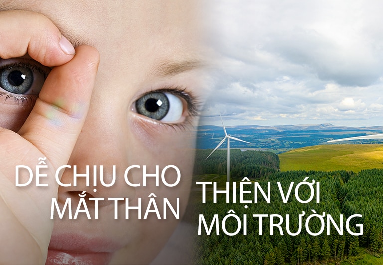 Cận cảnh mắt của một đứa trẻ ở bên trái và cảnh cánh đồng cùng với cối xay gió.