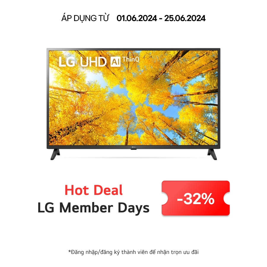 Hình ảnh mặt trước của TV LG UHD với hình ảnh bên trong và logo sản phẩm trên