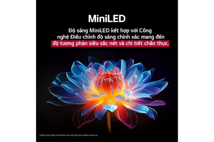 Bông hoa ba chiều 3D với nhiều màu và sắc thái khác nhau trên nền đen. Định nghĩa và chi tiết của bông hoa thể hiện khả năng tạo ra hình ảnh với màu sắc, độ sáng và độ tương phản vượt trội của QNED MiniLED. Tiêu đề nói về cách MiniLED tăng cường độ rõ nét và mang lại độ tương phản vượt trội.