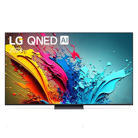 Mặt trước của TV LG QNED, QNED86 với dòng chữ của LG QNED MiniLED, 2024 và logo webOS Re:New Program trên màn hình