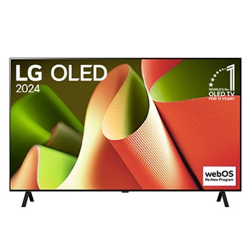 Hình ảnh mặt trước với TV LG OLED, OLED AI B4, Hình ảnh biểu tượng OLED 11 năm đứng đầu thế giới và logo webOS Re:New Program trên màn hình với giá đỡ 2 chân