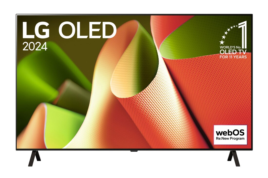 Hình ảnh mặt trước với TV LG OLED, OLED AI B4, Hình ảnh biểu tượng OLED 11 năm đứng đầu thế giới và logo webOS Re:New Program trên màn hình với giá đỡ 2 chân