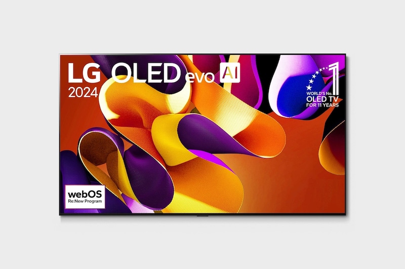 Hình ảnh mặt trước với TV LG OLED evo AI, OLED G4, Hình ảnh biểu tượng OLED 11 năm đứng đầu thế giới, logo webOS Re:New Program và logo Bảo hành tấm nền 5 năm trên màn hình
