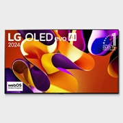 Hình ảnh mặt trước với TV LG OLED evo AI, OLED G4, Hình ảnh biểu tượng OLED 11 năm đứng đầu thế giới, logo webOS Re:New Program và logo Bảo hành tấm nền 5 năm trên màn hình