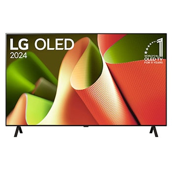 Hình ảnh mặt trước với TV LG OLED, OLED AI B4, Hình ảnh biểu tượng OLED 11 năm đứng đầu thế giới và logo webOS Re:New Program trên màn hình với giá đỡ 2 chân