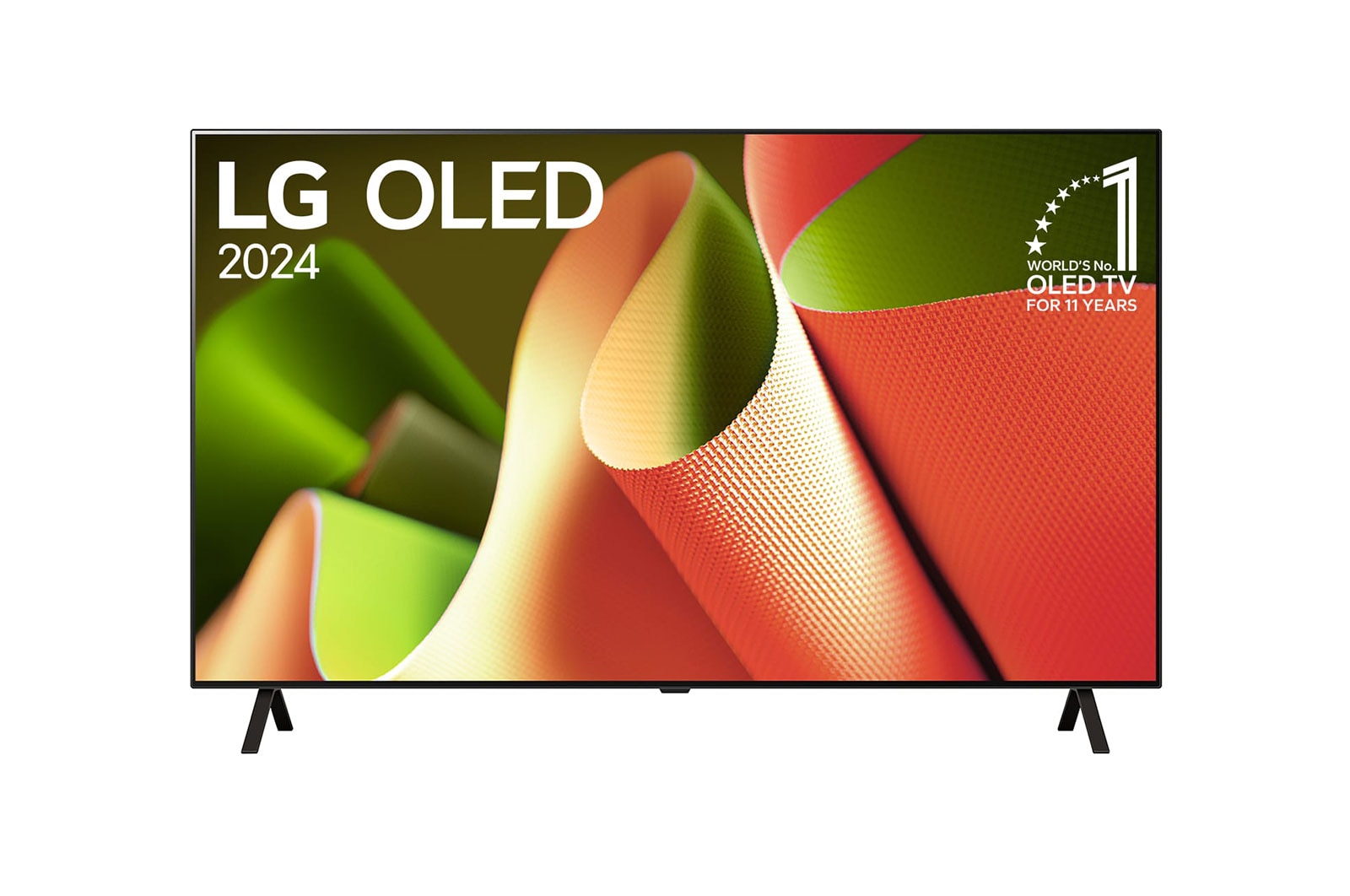 Hình ảnh mặt trước với TV LG OLED, OLED AI B4, Hình ảnh biểu tượng OLED 11 năm đứng đầu thế giới và logo webOS Re:New Program trên màn hình với giá đỡ 2 chân