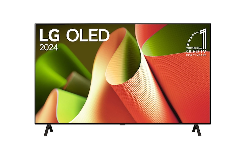 Hình ảnh mặt trước với TV LG OLED, OLED AI B4, Hình ảnh biểu tượng OLED 11 năm đứng đầu thế giới và logo webOS Re:New Program trên màn hình với giá đỡ 2 chân