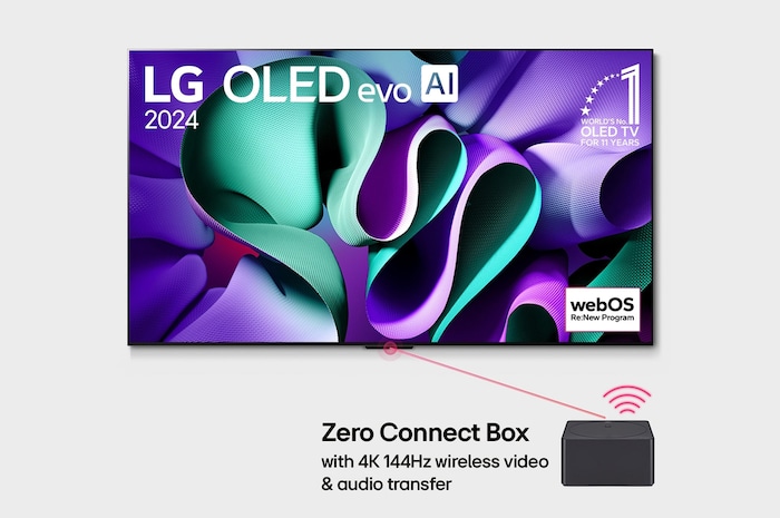 Hình ảnh mặt trước với TV LG OLED evo AI, OLED M4, Hình ảnh biểu tượng OLED 11 năm đứng đầu thế giới, logo webOS Re:New Program và Hộp kết nối không dây với khả năng truyền video và âm thanh 4K 144 Hz không dây tới TV và hình tín hiệu Wi-Fi phát ra từ hộp