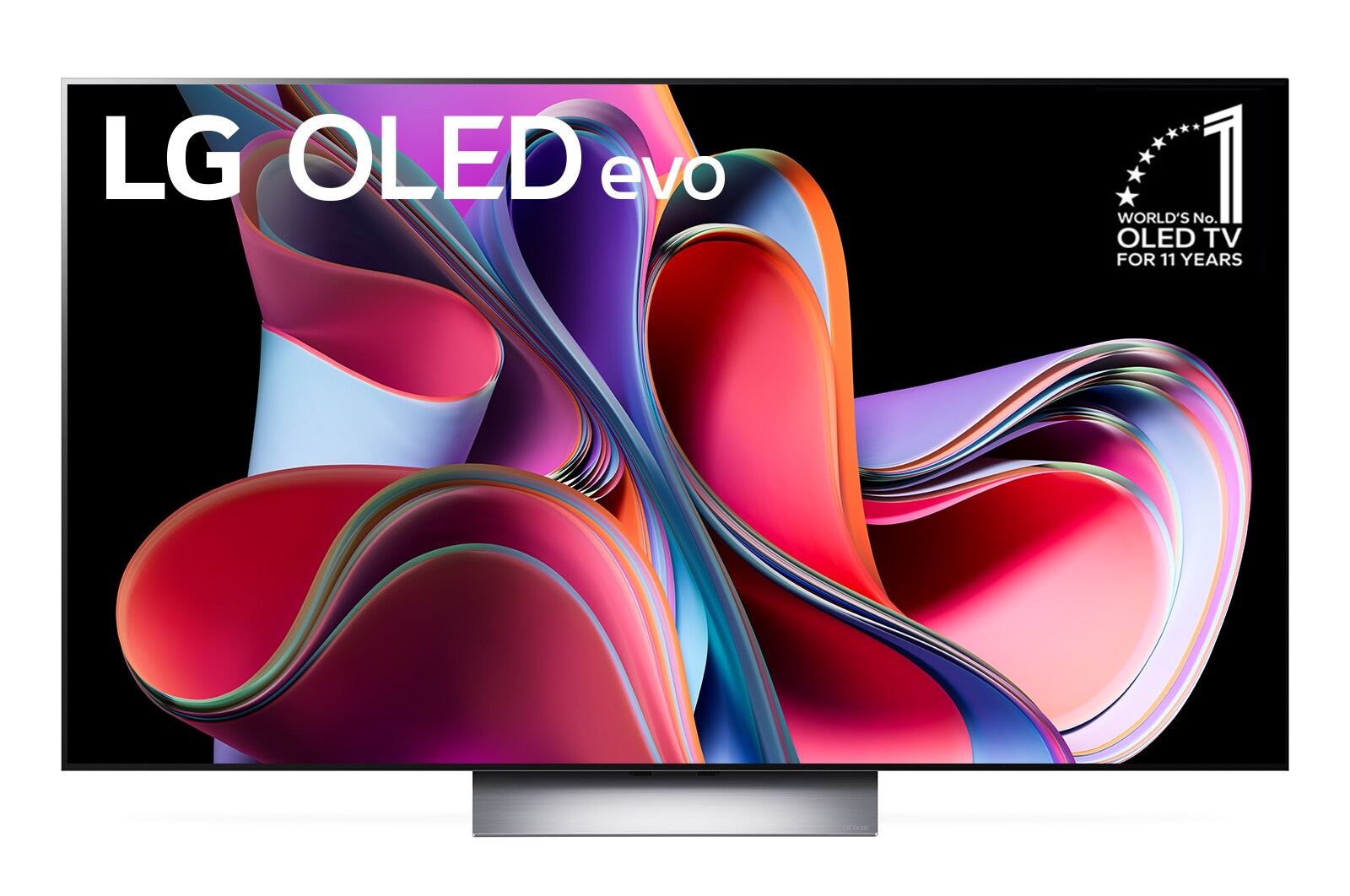 Mặt trước với LG OLED evo, Biểu tượng OLED số 10 năm thế giới và logo Bảo hành bảng điều khiển 5 năm trên màn hình