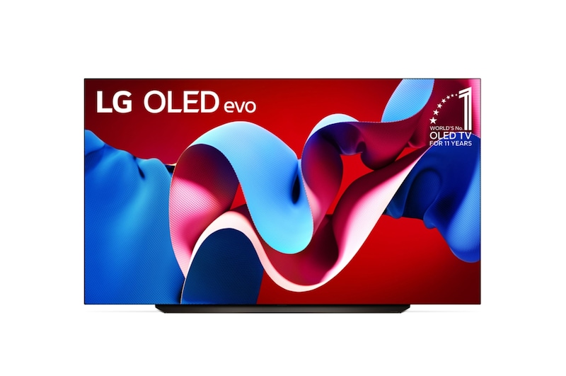 Hình ảnh mặt trước với TV LG OLED evo AI, OLED C4, Hình ảnh biểu tượng OLED 11 năm đứng đầu thế giới và logo webOS Re:New Program trên màn hình