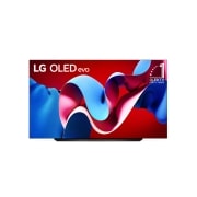 Hình ảnh mặt trước với TV LG OLED evo AI, OLED C4, Hình ảnh biểu tượng OLED 11 năm đứng đầu thế giới và logo webOS Re:New Program trên màn hình