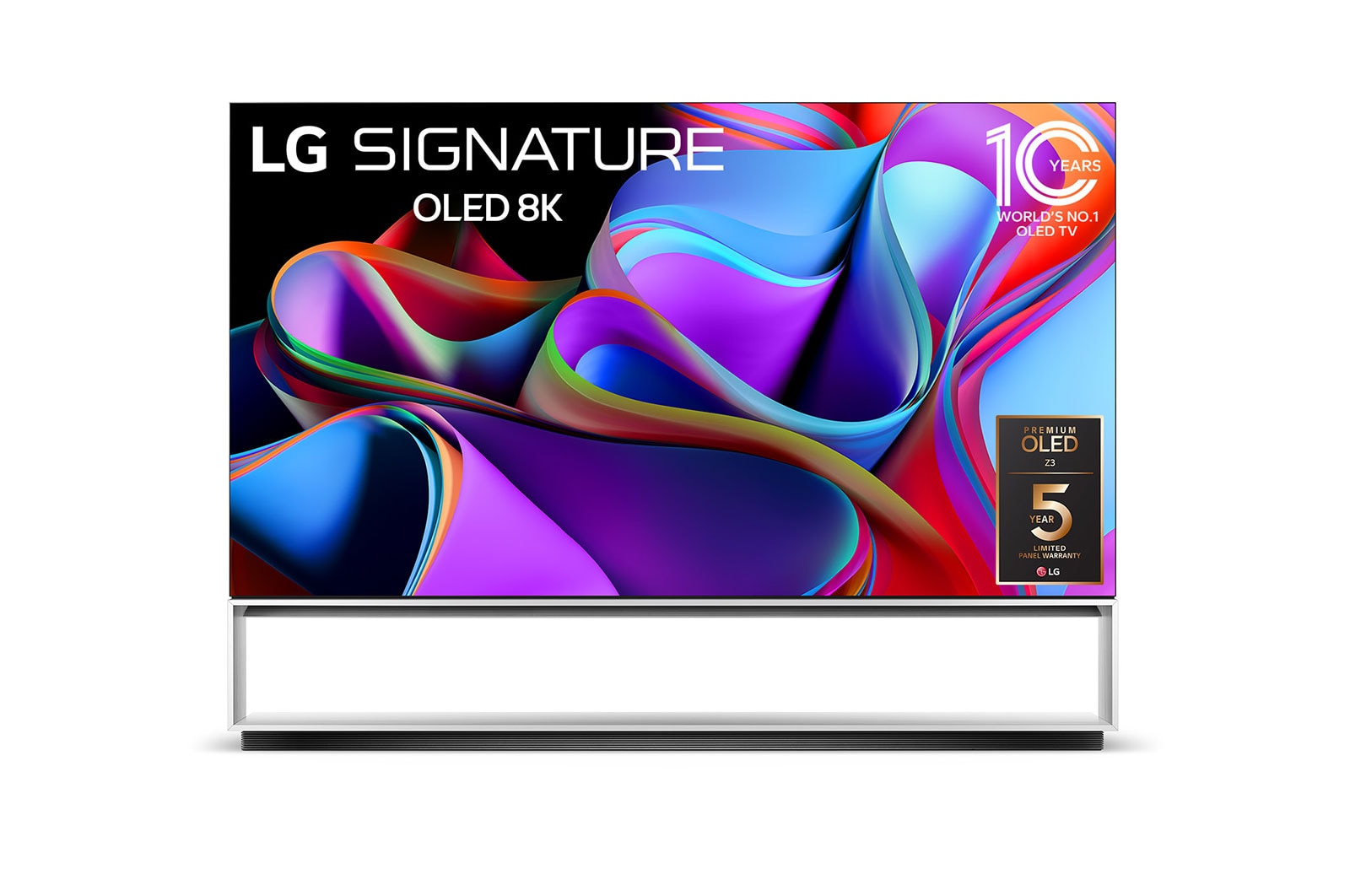 Mặt trước với LG OLED 8K evo, Biểu tượng OLED số 10 năm thế giới và logo Bảo hành bảng điều khiển 5 năm trên màn hình.