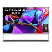 Mặt trước với LG OLED 8K evo, Biểu tượng OLED số 10 năm thế giới và logo Bảo hành bảng điều khiển 5 năm trên màn hình.