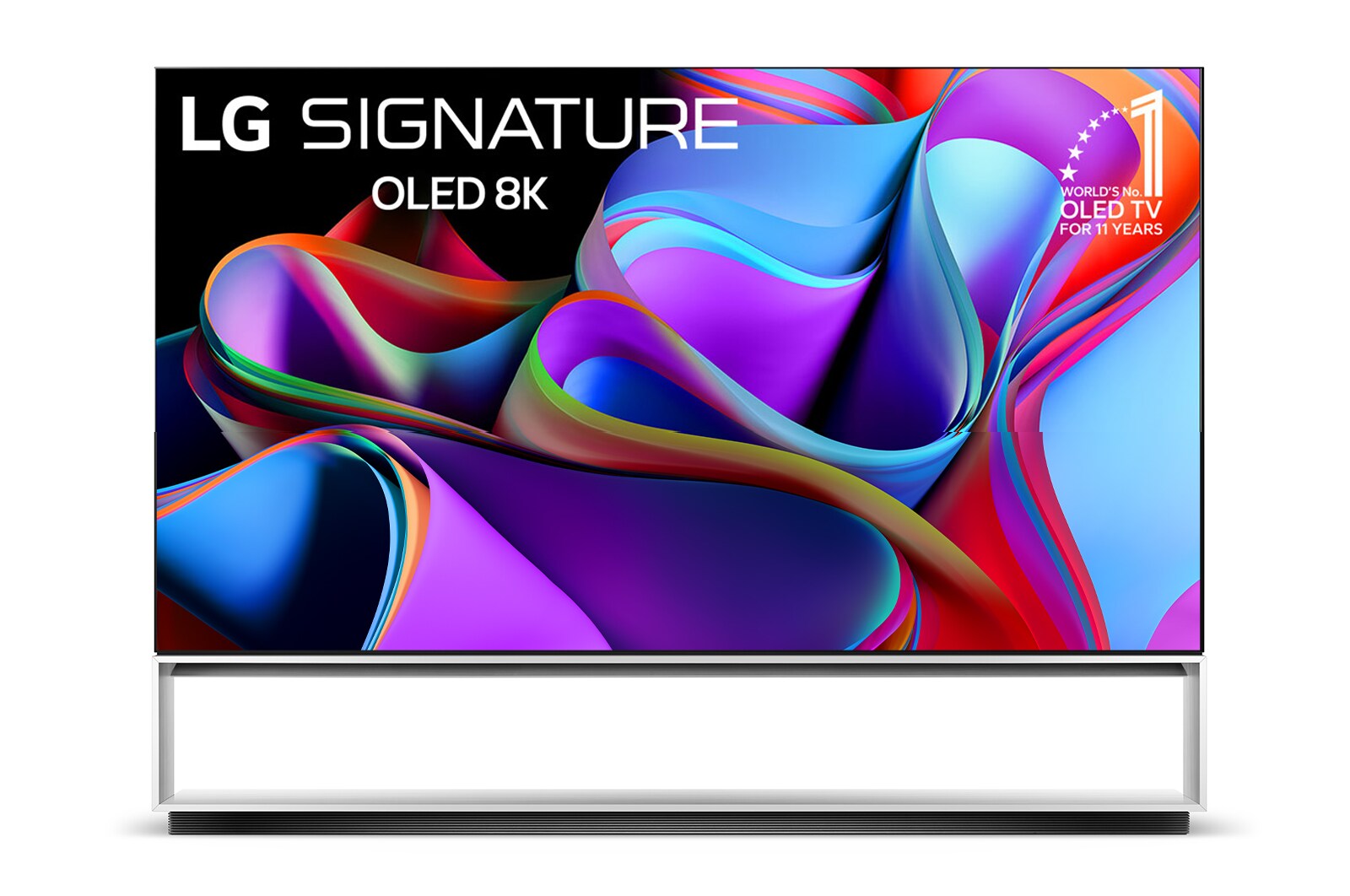 Mặt trước với LG OLED 8K evo, Biểu tượng OLED số 10 năm thế giới và logo Bảo hành bảng điều khiển 5 năm trên màn hình.