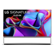Mặt trước với LG OLED 8K evo, Biểu tượng OLED số 10 năm thế giới và logo Bảo hành bảng điều khiển 5 năm trên màn hình.