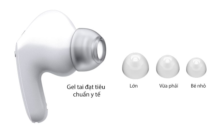 An image of a white earbud and one sets of three different sized(Large, Medium, Small) ear gels.