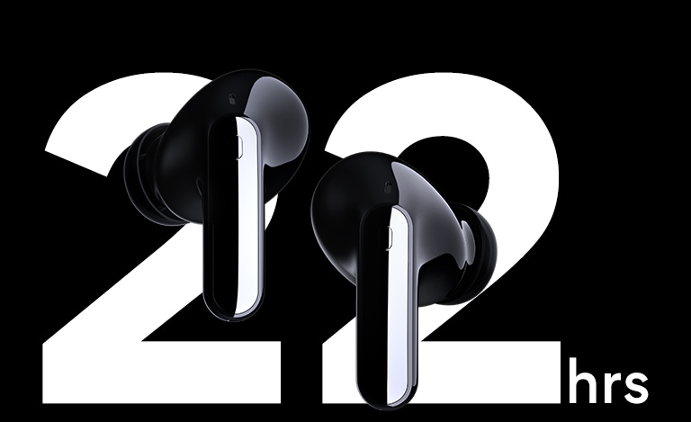 Ear buds are floating infront of text "22 hrs". 