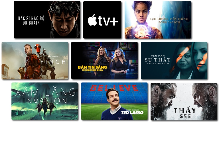 Từ bên trái, một người đàn ông trong nền đen. Một cô gái cầm pha lê, logo Apple TV+, một người đàn ông và robot đứng ở giữa hư không, phụ nữ trong nhà, Hai người phụ nữ đang đứng cạnh nhau, mẹ và hai đứa con đang chạy, một người đàn ông nhìn lên bầu trời, hai người đàn ông đang đối mặt với nhau.