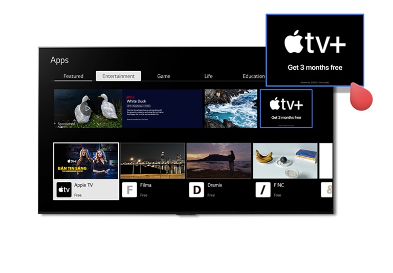 Hình ảnh webOS của LG Smart TV. Trong trang webOS, có phiếu khuyến mãi 3 tháng miễn phí Apple TV+.