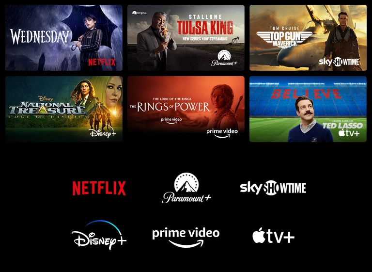 Một poster của Wednesday từ Netflix, National Treasure từ Disney  , The Rings of Power từ Prime Video, Ted Lasso từ Apple TV Plus và ảnh tĩnh từ LG Channels với một con báo trong tự nhiên.