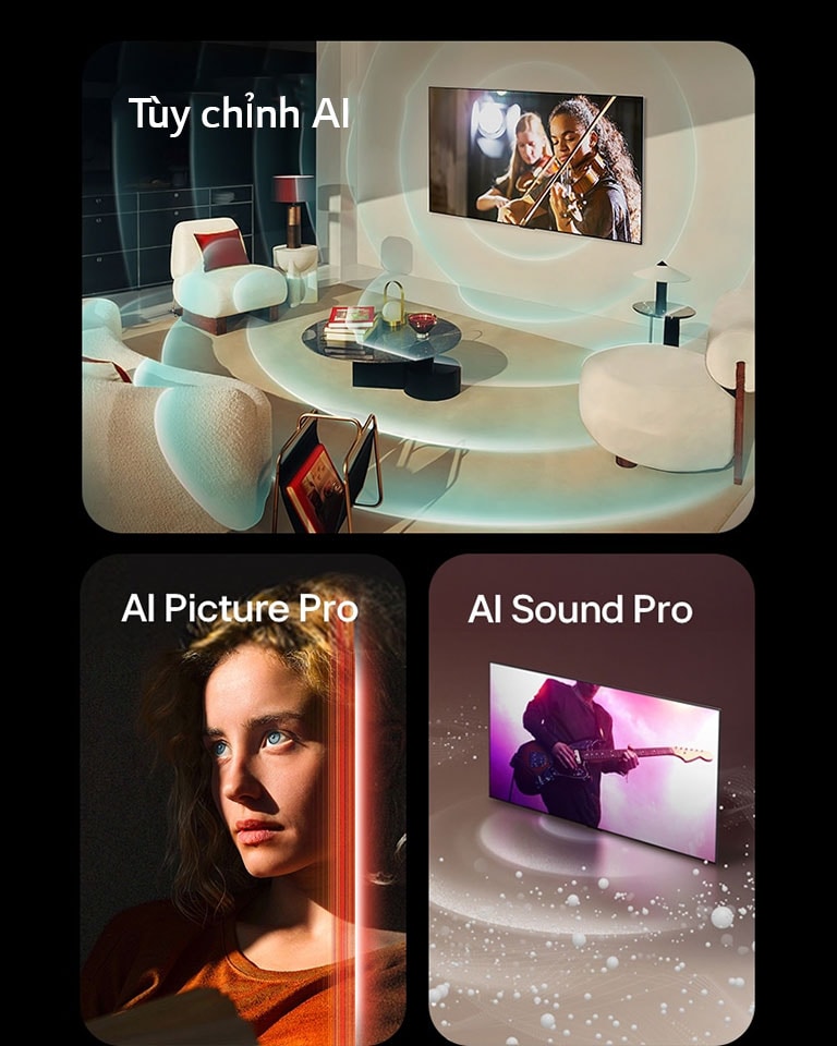Ba hình ảnh được hiển thị. Hình ảnh đầu tiên hiển thị chiếc LG OLED evo M4 trong không gian sống hiện đại, hiển thị màn trình diễn âm nhạc trên màn hình. Sóng tròn màu xanh mô tả sự cá nhân hóa bao quanh TV và không gian. Bức thứ hai cho thấy một người phụ nữ với đôi mắt xanh trong suốt và chiếc áo màu cam cháy trong không gian tối. Các đường màu đỏ mô tả các cải tiến của AI che đi một phần khuôn mặt sáng và chi tiết của cô ấy, trong khi phần còn lại của hình ảnh trông buồn tẻ. Hình thứ ba hiển thị một chiếc LG OLED evo M4 khi các bong bóng âm thanh và sóng phát ra từ màn hình và lấp đầy không gian.