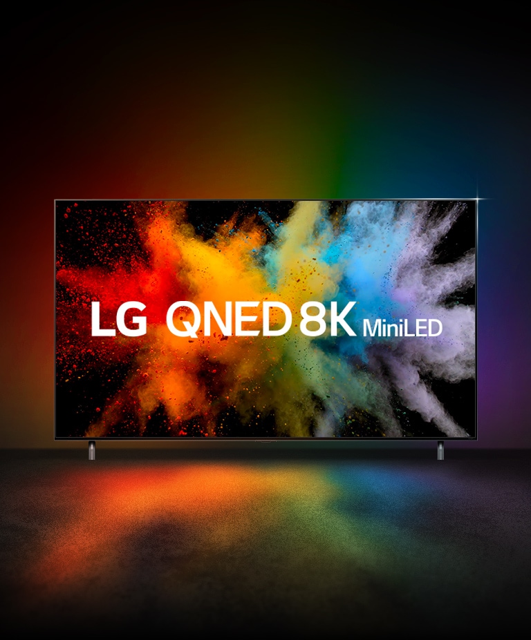 Văn bản chuyển động QNED và NanoCell chồng lên nhau và phát nổ thành bột màu. Logo LG QNED 8K miniLED xuất hiện trên TV.