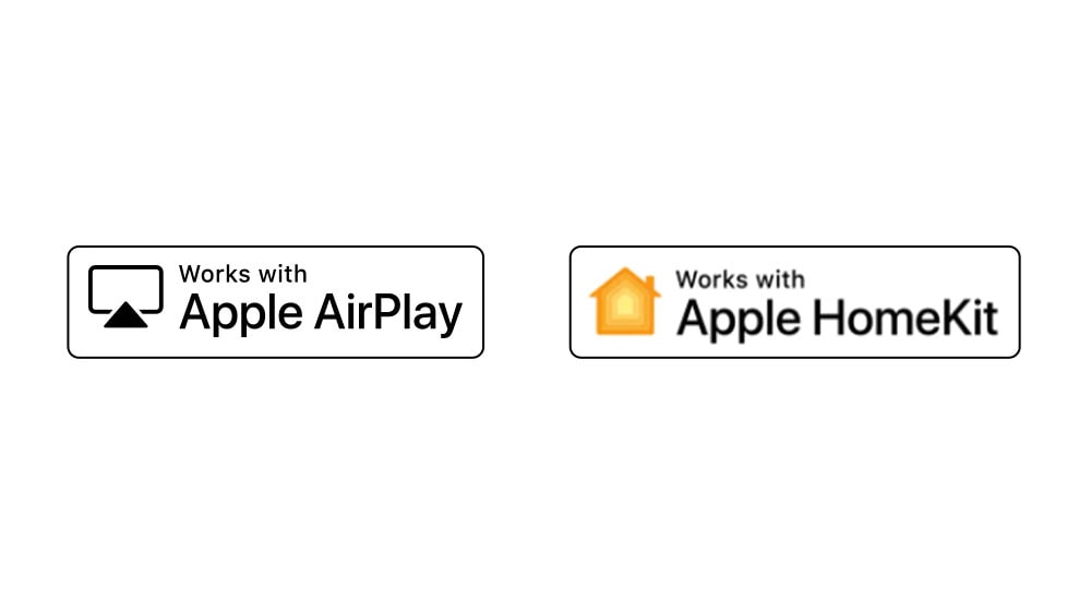 Hai logo đặt theo thứ tự – Hoạt động với Apple AirPlay, Hoạt động với Apple HomeKit.