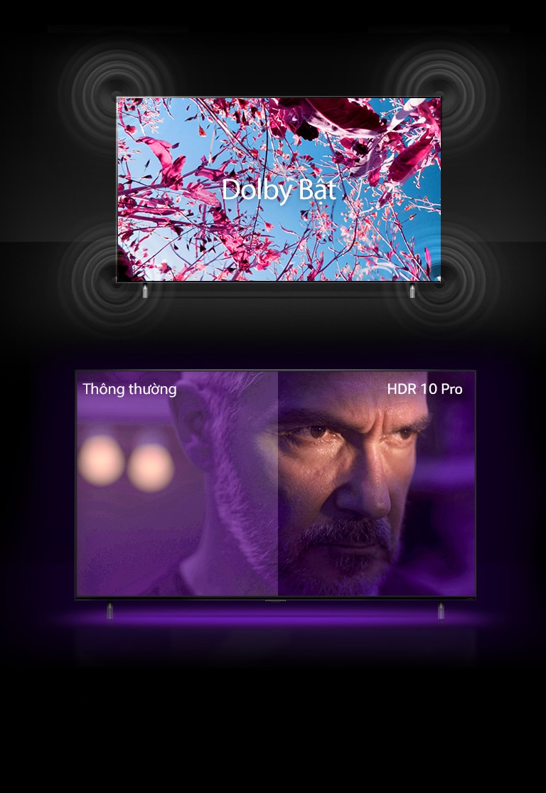 Màn hình TV QNED hiển thị một bông hoa màu hồng của cây hạt cải dầu trên cánh đồng mùa hè và dòng chữ ở giữa viết Dolby TẮT. Hình ảnh trong màn hình trở nên sáng hơn và dòng chữ thay đổi thành Dolby BẬT. Bên dưới là một TV QNED khác và có một ông già trông điên cuồng trên màn hình. Hình ảnh trên màn hình TV được chia thành hai phần. Ở nửa bên trái của hình ảnh dường như có màu sắc xỉn và ít rực rỡ hơn, trong khi đó ở nửa bên phải của hình ảnh trông rực rỡ hơn với nhiều màu sắc hơn. Ở góc trên bên trái có ghi 'thông thường', ở góc trên bên phải có ghi 'HDR 10 PRO'.