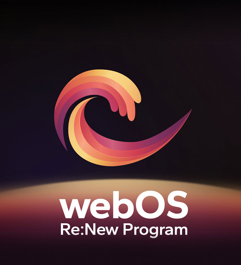 Logo webOS lơ lửng ở trung tâm trên nền đen và không gian bên dưới được chiếu sáng bằng các màu đỏ, cam và vàng của logo. Bên dưới logo có dòng chữ "webOS Re:New Program".