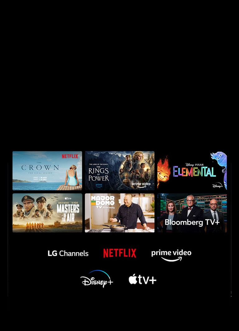 Sáu hình thu nhỏ của phim và chương trình truyền hình được hiển thị cùng với logo của LG Channels, Netflix, Prime Video, Disney+ và Apple TV+ ở bên dưới.