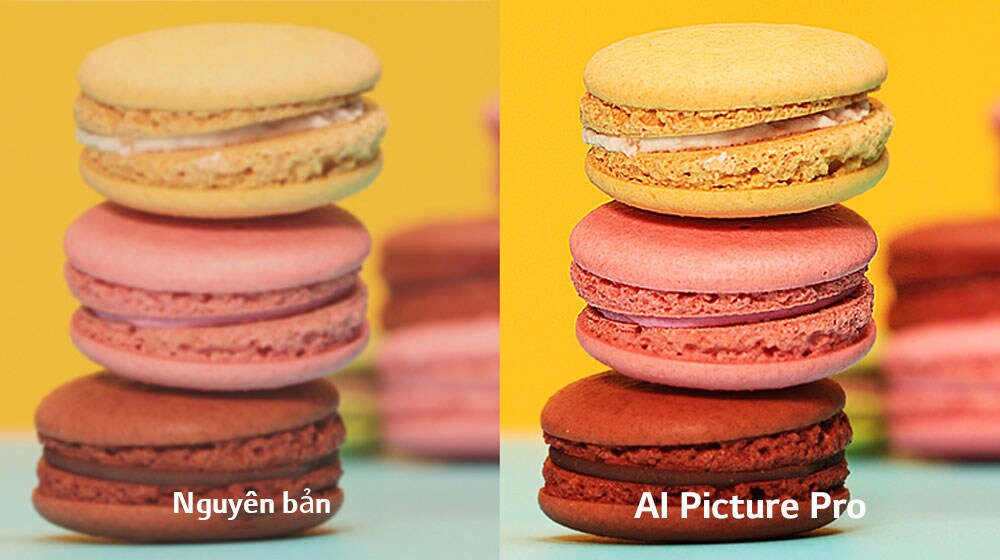 Những chiếc bánh macaron được làm nổi bật ở tiền cảnh và tiêu điểm ở chúng trở nên sắc nét hơn.