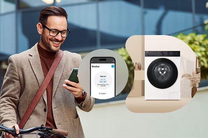 Một người đàn ông điều khiển máy giặt LG từ xa qua ứng dụng ThinQ.