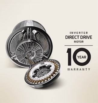 Động cơ Inverter Direct Drive được hiển thị bên cạnh biểu tượng bảo hành 10 năm.