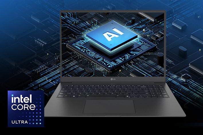 Hình ảnh này hiển thị laptop với hình ảnh dựng kỹ thuật số của một chip AI, tượng trưng cho hiệu suất được hỗ trợ bởi AI. Logo Intel Core Ultra được hiển thị ở góc dưới bên trái, làm nổi bật công nghệ bộ xử lý tiên tiến.