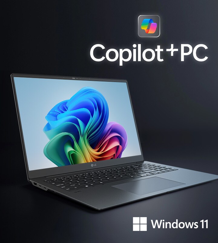 Hình ảnh hiển thị laptop với hình nền Windows 11 trên màn hình, đi kèm với logo 'Copilot+ PC'. Logo Windows 11 được hiển thị ở góc dưới bên phải, nhấn mạnh các tính năng hỗ trợ bởi AI của thiết bị.