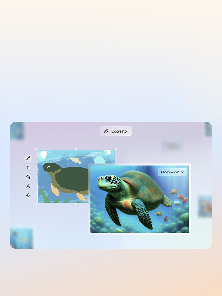 Hình ảnh hiển thị tính năng 'Cocreator' với hai khung. Khung bên trái hiển thị một hình minh họa đơn giản về một con rùa, trong khi khung bên phải hiển thị một hình ảnh kết xuất chân thực, cách điệu của một con rùa biển đang bơi dưới nước cùng với những chú cá rực rỡ. Một menu thả xuống có nhãn 'Chọn kiểu' xuất hiện trong khung hình chân thực, cho thấy một công cụ chuyển đổi kiểu dáng được hỗ trợ bởi AI.
