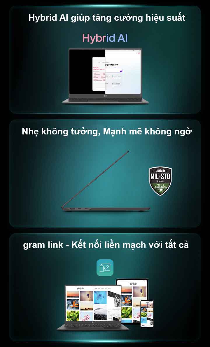 LG gram: Hybrid AI nâng tầm hiệu suất, thiết kế siêu nhẹ bền bỉ, kết nối liền mạch với gram Link.