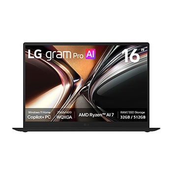 Hình ảnh mặt trước của Laptop LG gram Pro AI 16Z95U-G.AV85A5 16 inch mỏng nhẹ 12,4 mm | Dual AI + Copilot+ PC | Windows 11 Home | AMD Ryzen AI | RAM 32GB/ SSD 512 GB 16Z95U-G