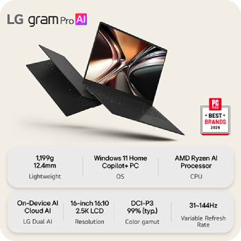 Máy tính xách tay LG gram Pro AI lơ lửng được thể hiện từ nhiều góc độ, nêu bật thiết kế mỏng và nhẹ. Hình ảnh thể hiện các tính năng chính bao gồm trọng lượng 1.199 g, thân máy mỏng 12,4 mm, Windows 11 Home Copilot+ PC, bộ xử lý AMD Ryzen AI, hỗ trợ On-Device và Cloud AI, màn hình LCD 16:10 2,5K 16 inch, gam màu DCI-P3 99% và tần số quét biến thiên từ 31 đến 144Hz.