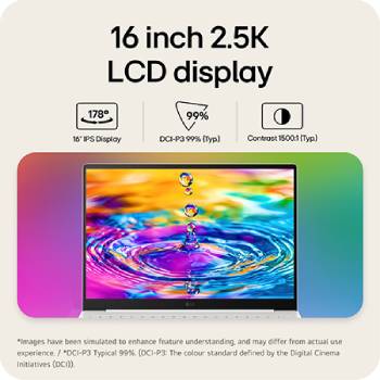 Hình ảnh mặt trước của màn hình máy tính xách tay LG gram có hình ảnh bắn nước sống động, đầy màu sắc trên màn hình, được đặt trên nền đổi dần sắc độ. Phía trên màn hình là các biểu tượng làm nổi bật các thông số kỹ thuật chính bao gồm màn hình IPS 16 inch có góc xem rộng 178°, gam màu DCI-P3 99% (Thông thường) và tỷ lệ tương phản 1500:1 (Thông thường). Huy hiệu chứng nhận VESA DisplayHDR Màu đen tuyệt đối 1000 xuất hiện ở bên phải, nhấn mạnh khả năng hiển thị tương phản cao và màu sắc sống động, chân thực.