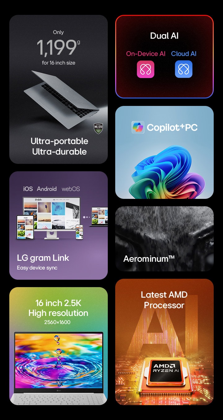 Máy tính xách tay gram Pro AI (16Z95U) sở hữu thiết kế Aerominum siêu di động, tích hợp Dual AI, Copilot+ PC, màn hình IPS 2,5K và bộ xử lý AMD Ryzen™ AI