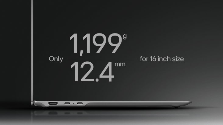 Máy tính xách tay gram Pro AI (16Z95U) có tổng trọng lượng siêu nhẹ 1.199 g và kiểu dáng siêu mỏng 12,4 mm, tối ưu cho tính di động
