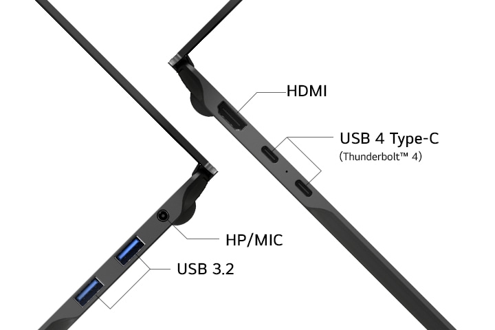 Máy tính xách tay gram Pro AI (16Z95U) hỗ trợ hai cổng USB 3.2, HDMI và Thunderbolt 4 USB-C để truyền dữ liệu và sạc.