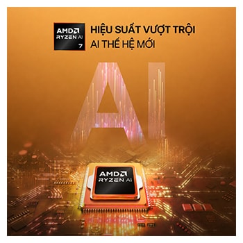 Hình minh họa trực quan bộ xử lý AMD Ryzen AI được đặt trên bảng mạch, tượng trưng cho hiệu suất của AI. Hình ảnh nêu bật khả năng xử lý lên đến 50 TOPS và Đồ họa AMD Radeon, được thể hiện thông qua nền đồ họa phát sáng theo chủ đề AI.