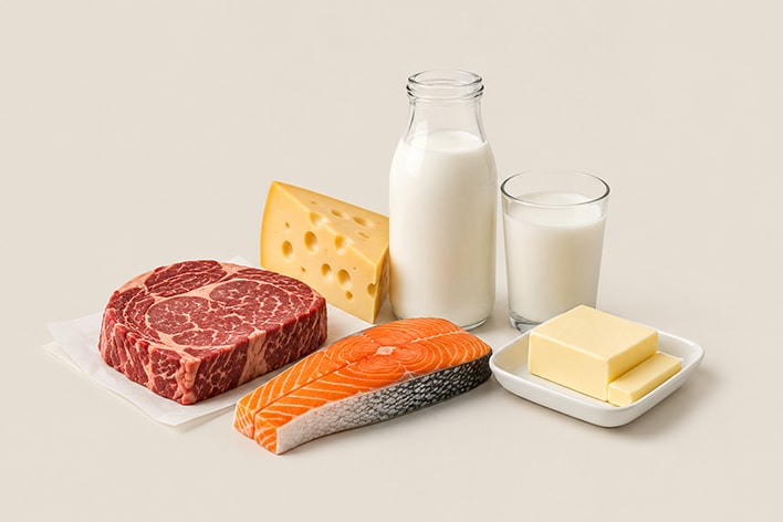 Thịt bò tươi, cá hồi, phô mai, sữa và bơ được bài trí phục vụ nghiên cứu chất lượng và bảo quản thực phẩm.